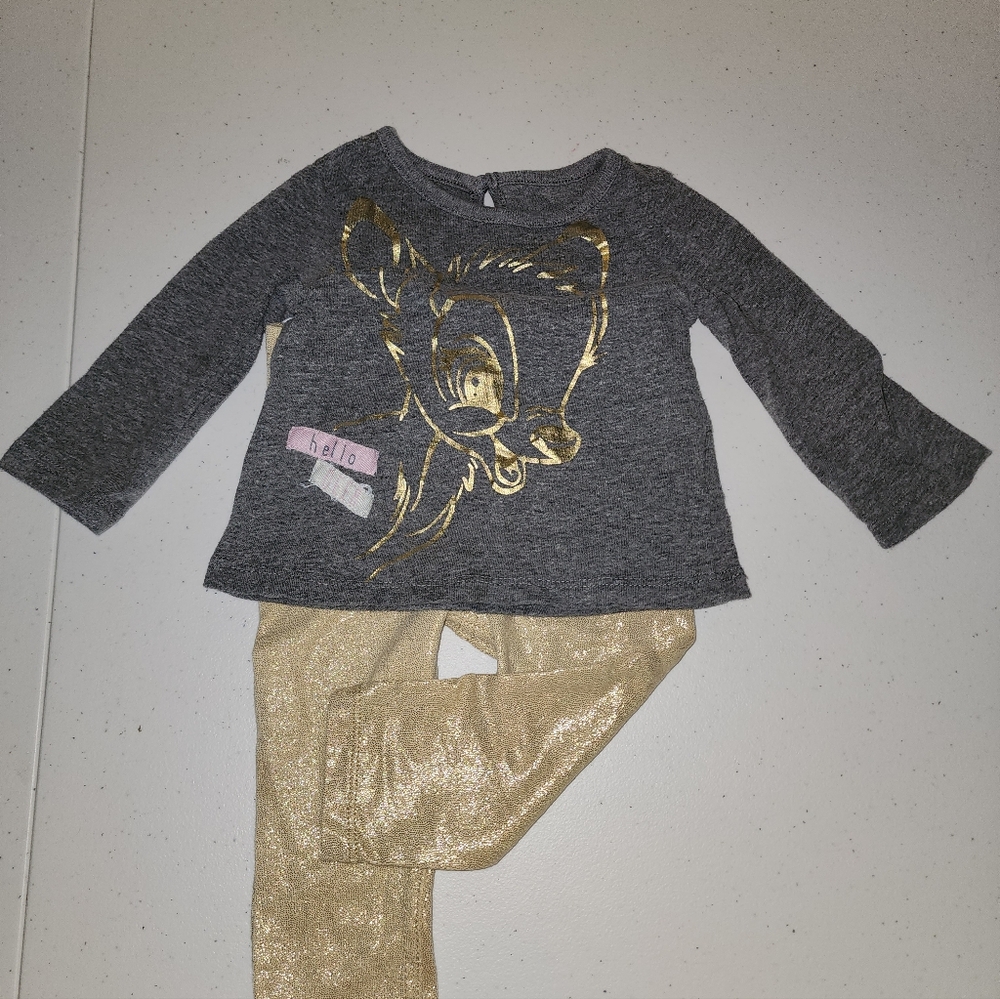 Gray and Gold Graphic Top with Gold Pants